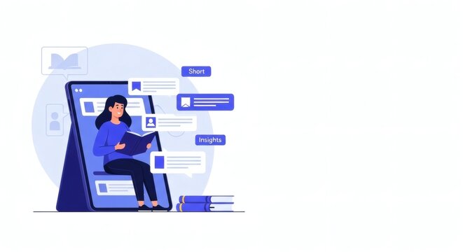 Woman interacting with large smartphone ai interface blue theme chatbots and data visualization futuristic technology concept