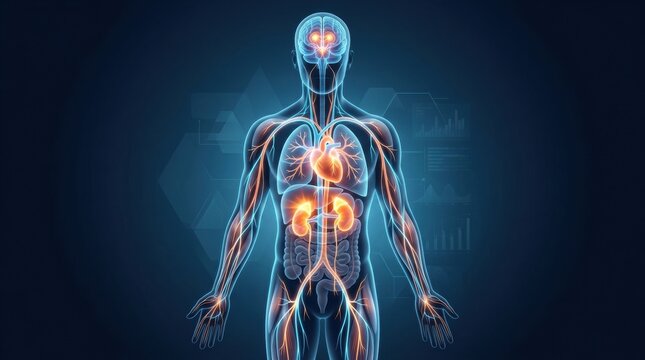 Anatomical illustration of the human endocrine and circulatory systems