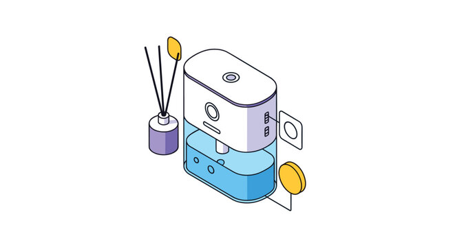 Electronic air humidifier and aroma diffuser with wooden sticks and control buttons for improving home air quality and atmosphere.