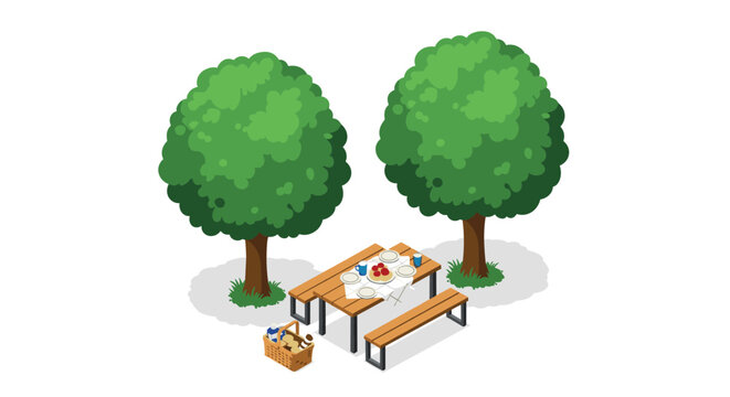 Picnic table with a white tablecloth and food set under the shade of two large leafy green trees for an outdoor dining experience.