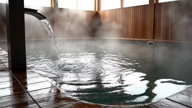 Steaming indoor hot spring pool with wooden interior architecture