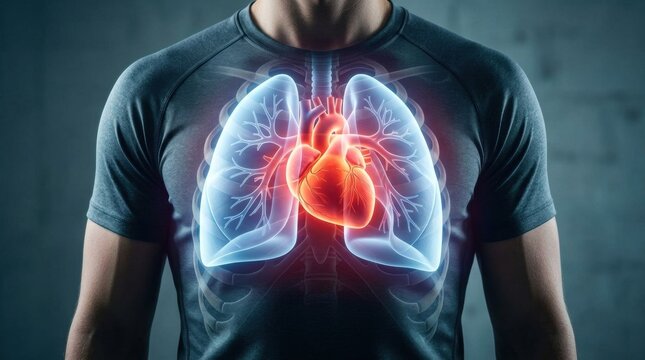 Anatomical illustration of a human heart and lungs within a rib cage