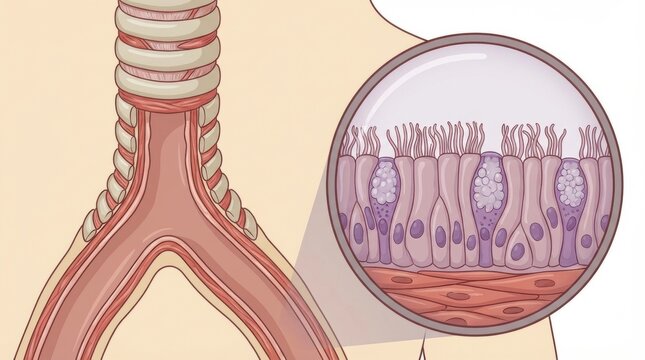 Detailed illustration of the trachea and bronchi with a magnified view of the epithelial lining