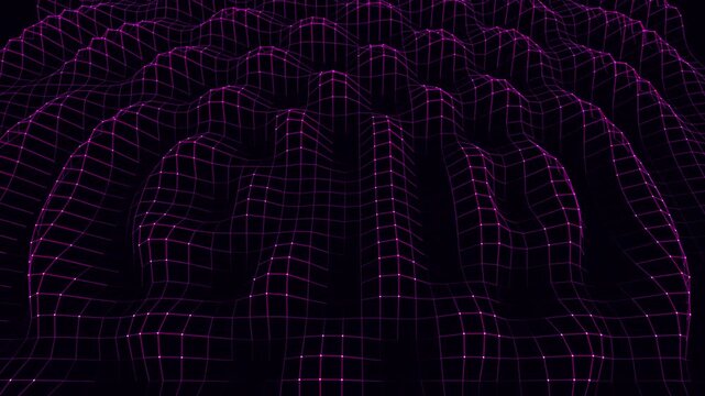 Magenta waveform mesh visualizes signal interference and frequency collision in a dark duotone void. Represents wireless data transmission, perfect for 5G and telecom brand films.