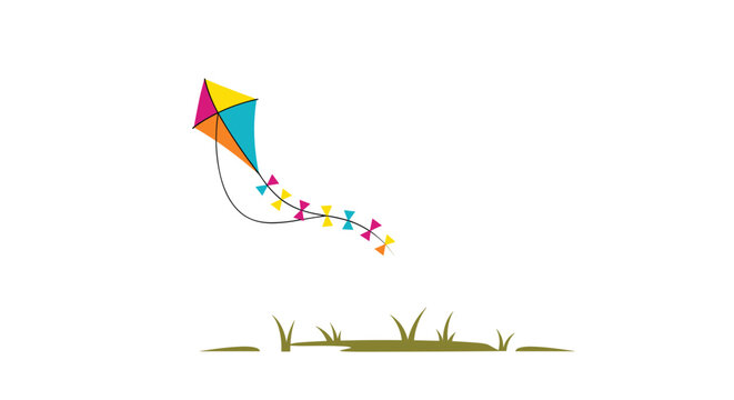 Brightly colored diamond kite with a long decorative tail flying high above a field of green grass on a windy day.