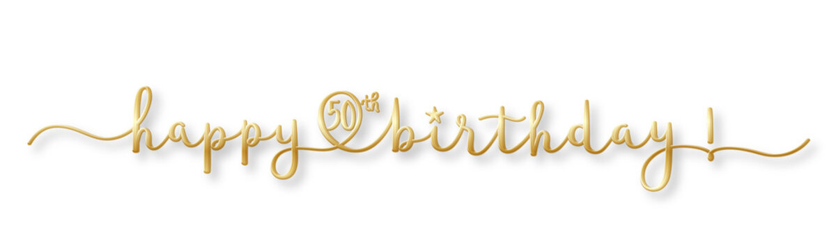 HAPPY 50th BIRTHDAY gold brush calligraphy banner with swashes on transparent background