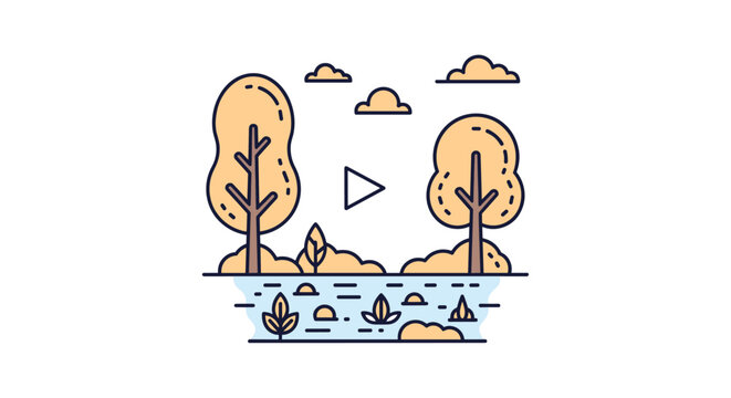 Beautiful nature landscape illustration of a river and trees with a play button overlay for a video about the environment.