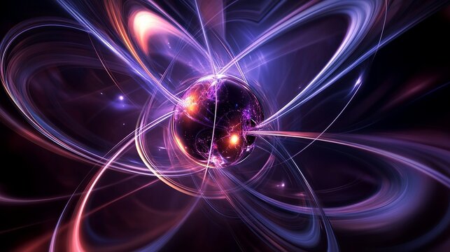 A vibrant and dramatic abstract representation of an atomic structure with swirling purple and pink lines
