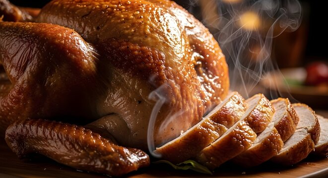 Roasted turkey with sliced meat on wooden board, steaming hot