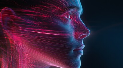 Obraz premium A futuristic digital portrait of a woman with neon pink and blue lines
