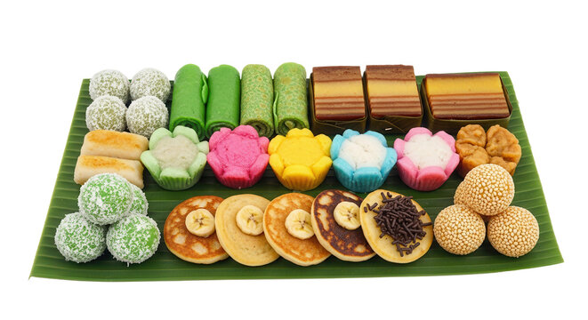 Indonesian Jajanan Pasar Set on Banana Leafisolated on white background