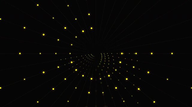 Golden light pulses race through a breathing fiber optic capillary tunnel. This dynamic geometry represents network load balancing. Perfect for 5G and telecom brand films.