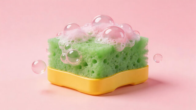 Green sponge with bubbles on pink background