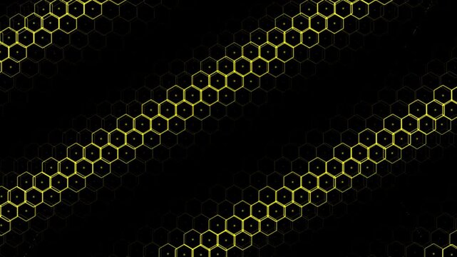 Neon gold data signals route through an infinite obsidian honeycomb grid. Represents massive parallel computing and structured pathfinding. Perfect for 5G and telecom brand films.
