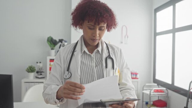 Woman doctor with stethoscope holding a clipboard, hands visible while reviewing charts and smiling in a medical building, window light behind her; calm professionalism.