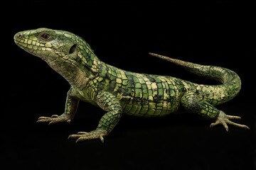Fototapeta premium Green Lizard Close Up Intricate Scales Pattern Yellow Markings Black Background Reptile Portrait