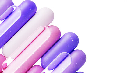 Naklejka na ściany i meble Abstract 3D diagonal rounded line pattern. Geometric border of glass overlapping shapes, color pink blue purple stripes with white dot texture on pastel background, technology banner
