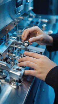 Technician assembling precision mechanical laboratory equipment
