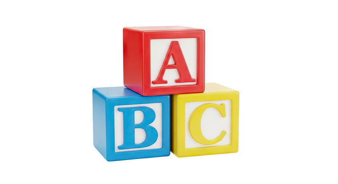 Three colorful ABC blocks stacked on a white background