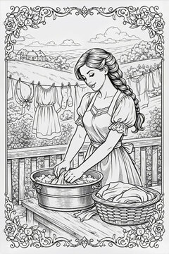 Vintage style illustration of a cheerful young woman hand washin