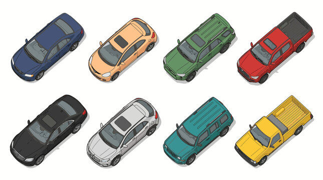 Isometric Vector Car Icons Set Including Sedan SUV Hatchback and Pickup Truck in Various Colors Isolated on White Background for Transportation and Map Designs