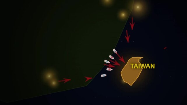 Static nighttime geopolitical map graphic showing Taiwan highlighted with incoming red attack lines and nearby vessels against a dark ocean background, dramatic conflict mood