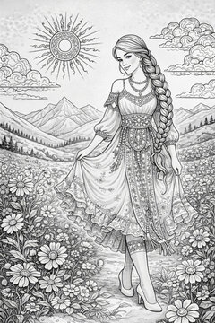 Intricate line drawing of an elegant woman with a long braid in