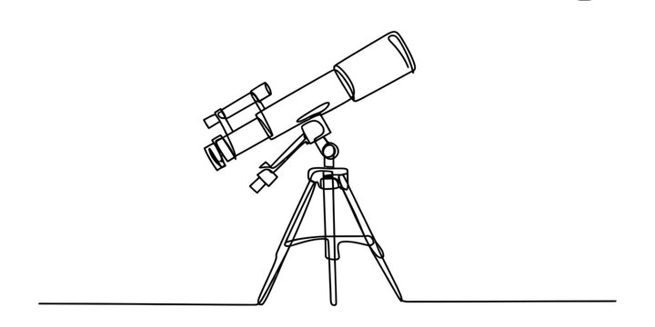 A single continuous line drawing of an astronomical telescope set up on a steady metal tripod Vector, illustration