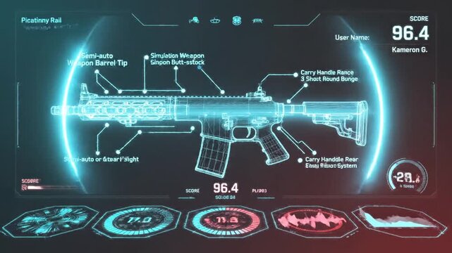 Futuristic digital wireframe rifle schematic with gaming user interface and performance score