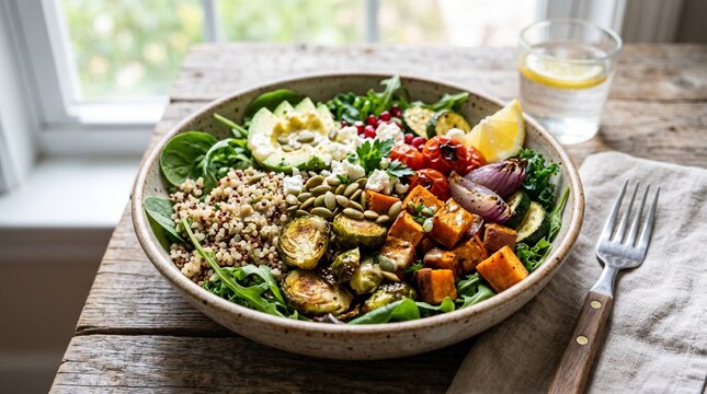 Fresh salad bowl with quinoa and roasted veggies