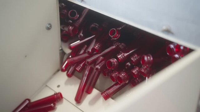 Red PET plastic preforms moving on industrial conveyor inside manufacturing machine, bottle production process.