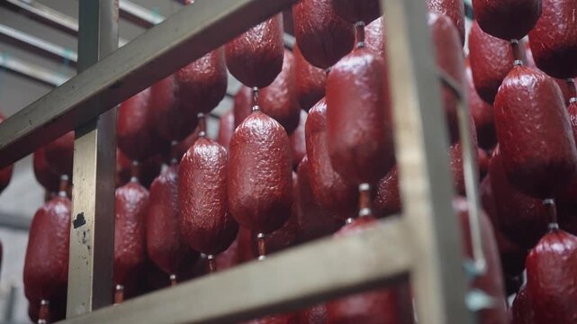 Rows of hanging sausages in meat processing facility, industrial food production and curing process.