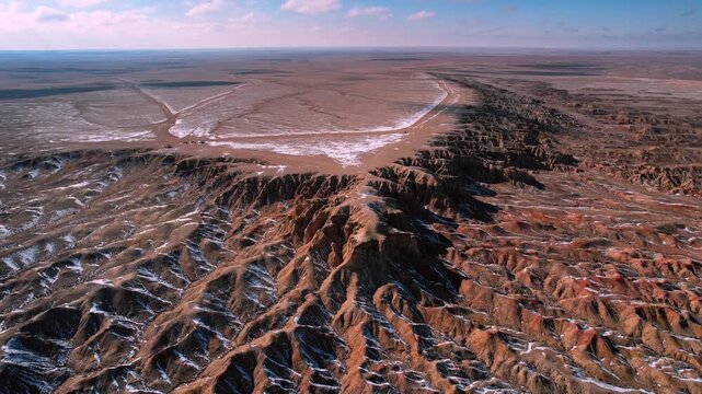 Aerial Of Eroded White Stupa Desert Landscape In Gobi Mongolia