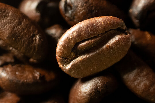 Macro shot of dark roasted coffee beans texture