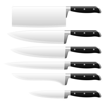 Set of knives for cooking with black handles and silver blades in vector art.