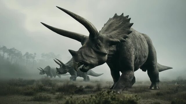 Triceratops dinosaur walking across a prehistoric landscape, capturing ancient life, natural history, and the majestic presence of a powerful herbivore.