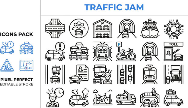 Traffic Jam and Urban Congestion outline icon set. Featuring vehicle queue, road sign, traffic signal, gridlock, and commute symbols. Editable stroke vector icons for city traffic awareness design.
