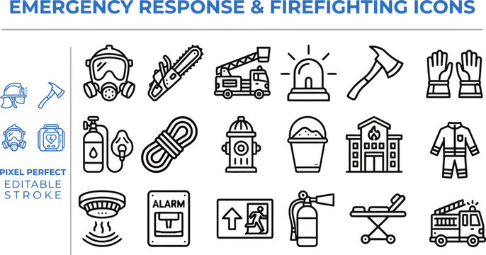 Emergency Response and Firefighting outline icon set. Featuring fireman, hose, extinguisher, alarm, and rescue symbols. Editable stroke vector icons for fire department and crisis management.