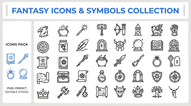Fantasy and Mythical Symbol outline icon set. Featuring wizard, magic wand, sword, potion, and dragon symbols. Editable stroke vector icons for RPG game design and fantasy story presentation.