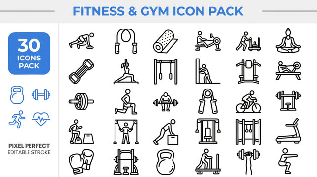 Fitness and Gym Equipment outline icon set. Featuring dumbbell, treadmill, kettlebell, exercise bike, and weight bench symbols. Editable stroke vector icons for fitness club and workout design.
