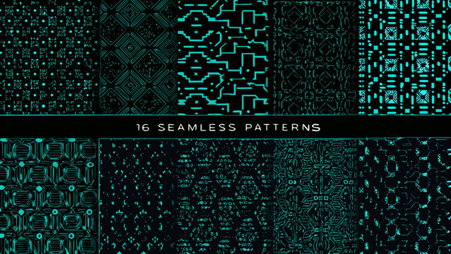 A collection of sixteen seamless geometric patterns in shades of teal and black