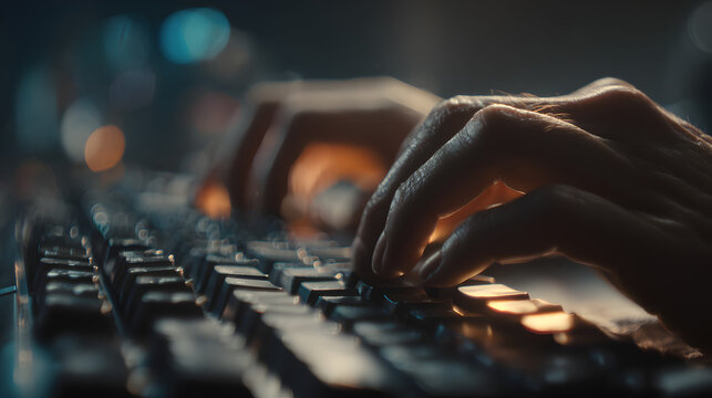 IT Security Specialist Typing with AI Threat Detection Interface in Dark Office