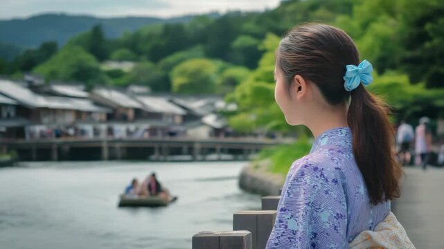 Pretty Japanese woman in a traditional kimono standing by a river shore, capturing elegance, cultural heritage, and serene natural beauty in a peaceful setting.