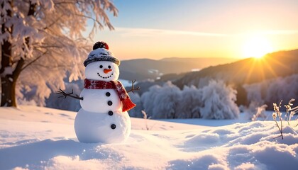 Fototapeta premium A snowman in a snowy landscape at sunset