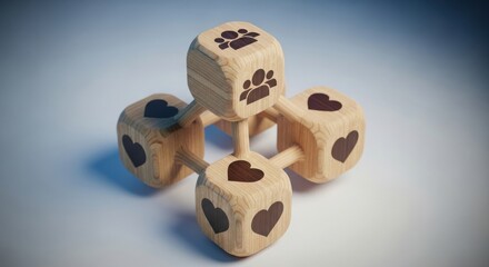 Fototapeta premium Creative wooden dice with paw print and heart designs arranged in a playful stack.
