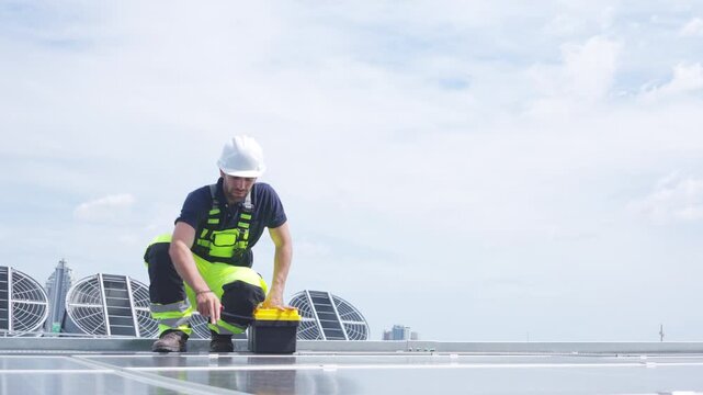 Engineer using walkie talkie communicating on solar panel rooftop pointing direction inspecting renewable energy system industrial technician safety worker coordinating maintenance process