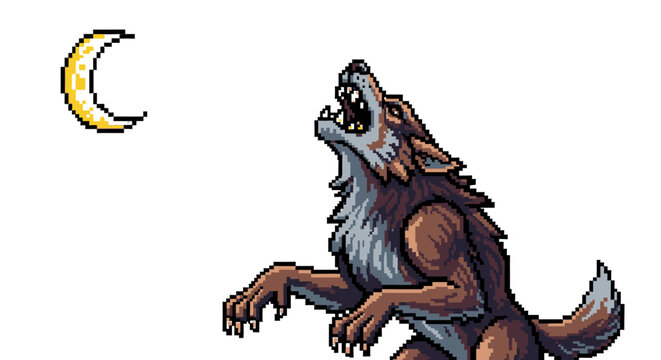 Pixel Art Werewolf Howling at Crescent Moon.