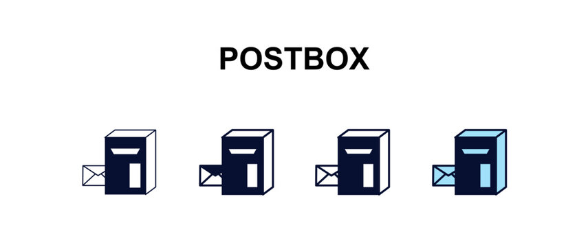 postbox multi-style outline icon set - delivery concept. Thin line, regular, filled, colored postbox icon