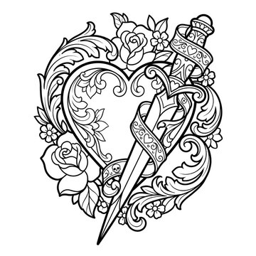 Ornate Heart with Dagger and Roses Coloring Page