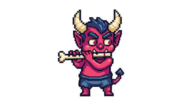 Pixel art devil character playing bone flute.